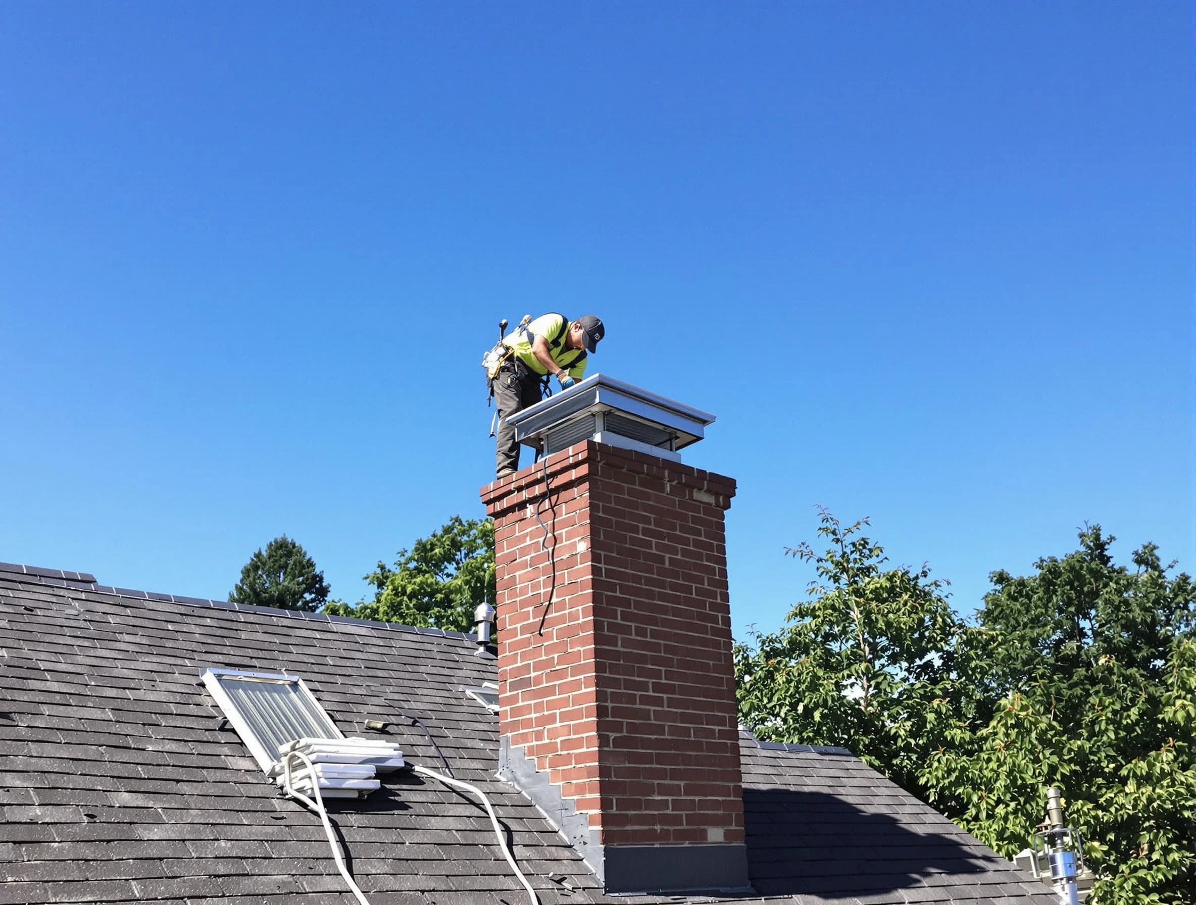 Parsippany Chimney Sweep technician measuring a chimney cap in Parsippany, NJ